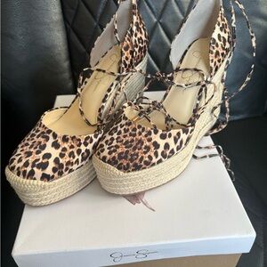 Bnib. Jessica Simpson Weyla 2 lace up wedges cheetah print satin size 8.5